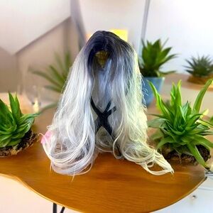 eNilecor Synthetic Long loose curl Ombre Gray Wig with wig cap